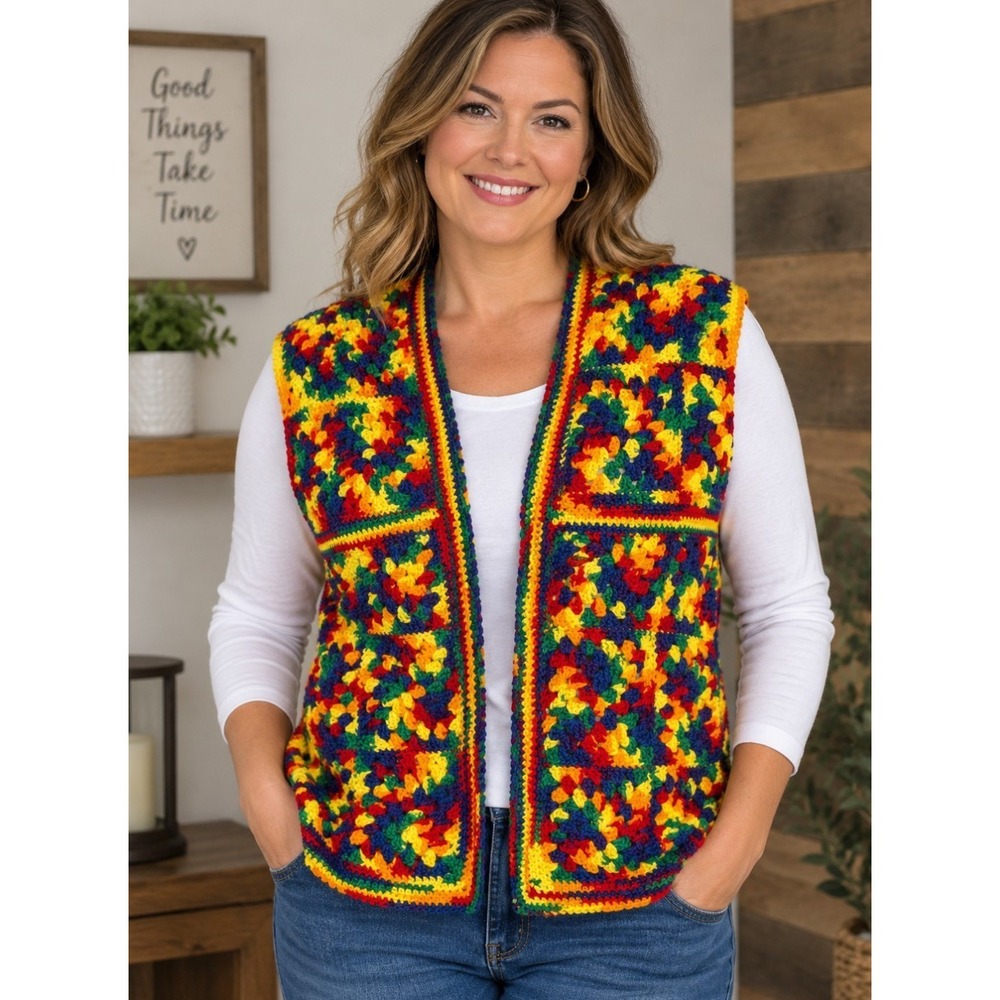 Vintage 70s Granny Square Crochet Vest Rainbow Hippie Boho Kitschy Ugly Sweater`